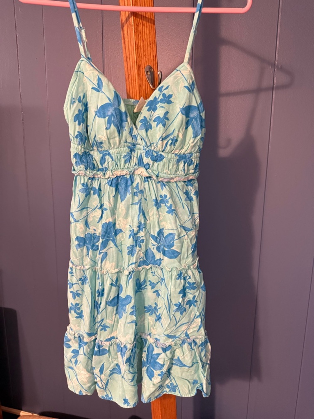 No Boundaries Light Blue Floral Tiered Spaghetti-Strap One-Piece
